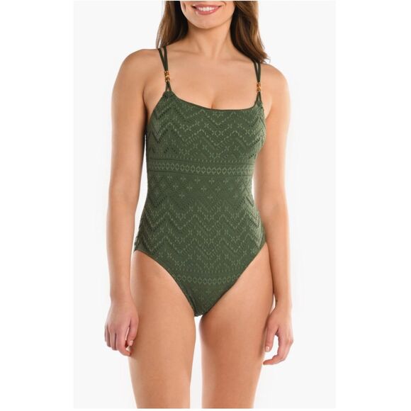 NWT La Blanca Women's Salt Eyelet One-Piece Swimsuit in Olive Green Size 12 - Picture 2 of 12